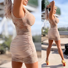 Connie's EXCLUSIVE "SEDUCTIVE TAN LACE OPEN CHEST MINI" Full STRETCH See Thru Lace, with Wrap Skirt Lower and Gold Buckle Accents