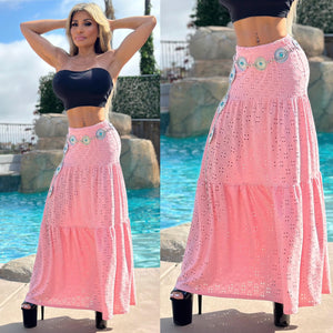 FINAL SALE Connie's Embrace the charm of the WEST "LOW RISE, RICH STRETCH Eyelet Lace MAXI Skirt"... PINK ... Made in USA