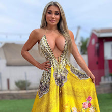 Connie's ***LIMITED*** "24 KARAT GOLD PYTHON and ROSES" SILKY RHINESTONE 💎 ACCENT RAYON High Low Maxi, Eye Hook Opening Back and Chest, Cinchable tie front