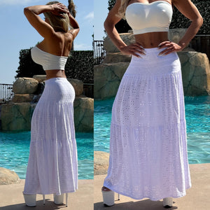 Connie's Embrace the charm of the WEST "LOW RISE, RICH STRETCH Eyelet Lace MAXI Skirt"... WHITE ... Made in USA