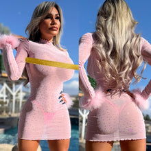 Connie's "BABY PINK DIAMONDS Mini Dress" With Maribou Arm Detail, FULL STRETCH SEE THRU Mesh and Rhinestones