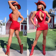 Connie's "PEARL CHAIN BACKLESS COWL PLUNGE Mini" EXTREME CHEST Exposure, RED SHEEN, Double Fabric ... Made in the USA