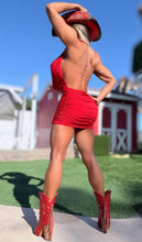 Connie's "PEARL CHAIN BACKLESS COWL PLUNGE Mini" EXTREME CHEST Exposure, RED SHEEN, Double Fabric ... Made in the USA