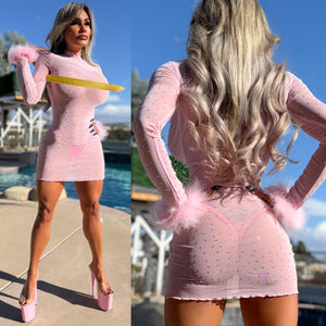 Connie's "BABY PINK DIAMONDS Mini Dress" With Maribou Arm Detail, FULL STRETCH SEE THRU Mesh and Rhinestones