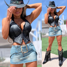 Connie's  "RICH WHITE STITCHED COWGIRL BLACK X SUEDE LEATHER  HALTER TOP" ADJUSTABLE Corset back and Eye Hook Front