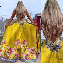 Connie's ***LIMITED*** "24 KARAT GOLD PYTHON and ROSES" SILKY RHINESTONE 💎 ACCENT RAYON High Low Maxi, Eye Hook Opening Back and Chest, Cinchable tie front