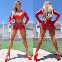 Connie's LIMITED ITEM "RED STRETCH X-LEATHER ZIP FRONT CROP TOP/JACKET" WEAVE ACCENTS, FULL ZIP, Stretch X Leather Fabric