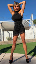 Connie's EXCLUSIVE "SEDUCTIVE SHORT ASYMMETRICAL LACE TRIM MINI DRESS" BLACK, LINED and SERIOUSLY SEDUCTIVE, Adjustable Halter Neck tie