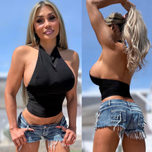 Connie's LIMITED "SIDE CLEAVAGE HALTER TOP" BLACK SILKY SHEEN Fabric Double support, for use without a Bra, Made in USA
