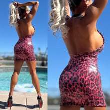 Connie's "PINK PANTHER 🐾🐆🐾 Evening Sequin MINI" MODERN Stretch Sequin Halter Mini, with Stretch Black Lining, Not ITCHY!!!