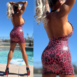 Connie's "PINK PANTHER 🐾🐆🐾 Evening Sequin MINI" MODERN Stretch Sequin Halter Mini, with Stretch Black Lining, Not ITCHY!!!