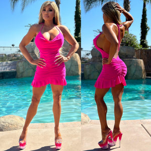 Connie's VIP🍾🥂 HOT PINK Champagne Ruffle Mini" Low back, Stretch Fit, Double Fabric support, Made in the USA💋💋💋