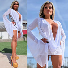 Connie's SUPER SHORT 😈 "RICH & DARING WHITE DREAM MESH 🥂🍾  MINI" GIANT COWL Plunge,  Bell Sleeves, Not for the SHY