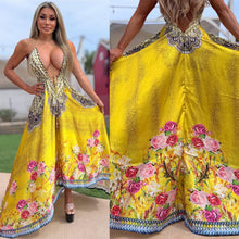 Connie's ***LIMITED*** "24 KARAT GOLD PYTHON and ROSES" SILKY RHINESTONE 💎 ACCENT RAYON High Low Maxi, Eye Hook Opening Back and Chest, Cinchable tie front