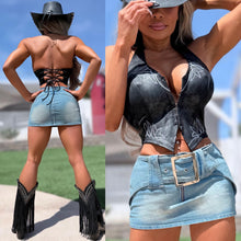 Connie's  "RICH WHITE STITCHED COWGIRL BLACK X SUEDE LEATHER  HALTER TOP" ADJUSTABLE Corset back and Eye Hook Front