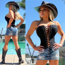 Connie's  "BLACKOUT SILVER STUDS COWGIRL CORSET TOP" STRETCH FIT, NO ZIPPER, Lace Up Front to Smash and Lift, Light Flex Boning
