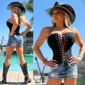 Connie's  "BLACKOUT SILVER STUDS COWGIRL CORSET TOP" STRETCH FIT, NO ZIPPER, Lace Up Front to Smash and Lift, Light Flex Boning