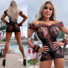 Connie's 3 pc set "BLACK & RED 🥂 Champagne Room Mini With Cuffs" Black 🖤 Stretch See Thru Lace Lingerie Mini Dress with Red Trim accents