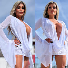 Connie's SUPER SHORT 😈 "RICH & DARING WHITE DREAM MESH 🥂🍾  MINI" GIANT COWL Plunge,  Bell Sleeves, Not for the SHY