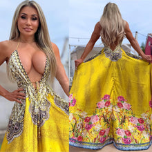 Connie's ***LIMITED*** "24 KARAT GOLD PYTHON and ROSES" SILKY RHINESTONE 💎 ACCENT RAYON High Low Maxi, Eye Hook Opening Back and Chest, Cinchable tie front