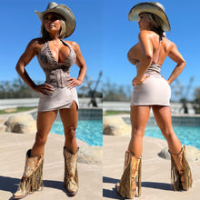 Connie's "WESTERN PLAINS X SUEDE Top & Mini Skirt 2 Pc SET" X SUEDE CORSET WAIST Halter top and Stretch Fit Mini Skirt with Built in Booty Shorts