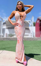 Connie's *LIMITED* "SEDUCTIVE BUCKLE CHEST ACCENT PINK FLORAL TIE DYE MAXI" STRETCH MESH, Adjustable Halter, High Cut Thigh