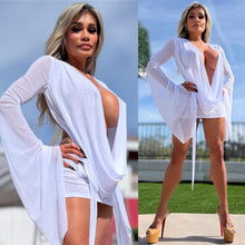 Connie's SUPER SHORT 😈 "RICH & DARING WHITE DREAM MESH 🥂🍾  MINI" GIANT COWL Plunge,  Bell Sleeves, Not for the SHY