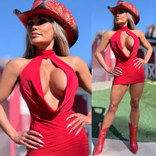 Connie's "PEARL CHAIN BACKLESS COWL PLUNGE Mini" EXTREME CHEST Exposure, RED SHEEN, Double Fabric ... Made in the USA