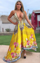Connie's ***LIMITED*** "24 KARAT GOLD PYTHON and ROSES" SILKY RHINESTONE 💎 ACCENT RAYON High Low Maxi, Eye Hook Opening Back and Chest, Cinchable tie front