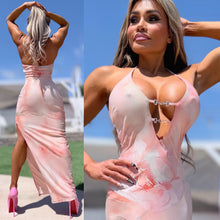 Connie's *LIMITED* "SEDUCTIVE BUCKLE CHEST ACCENT PINK FLORAL TIE DYE MAXI" STRETCH MESH, Adjustable Halter, High Cut Thigh