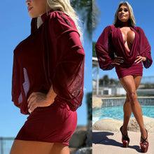 Connie's "SEE THRU AND ELEGANT EXTREME PLUNGE Mini” RICH DEEP RED Upper is Semi Sheer-Ish Stretch To Fit Lower
