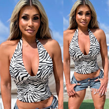 Connie's "Scarlet Temptation Halter Top" LIMITED ZEBRA Double Fabric support, for use without a Bra, Made in the USA