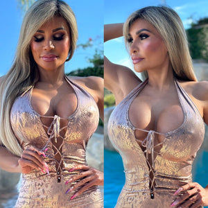 Connie's "SHINY GOLD Viper Mini" Lace Up Chest, Super Stretch Gold Snake Print fabric, Made in USA!!!
