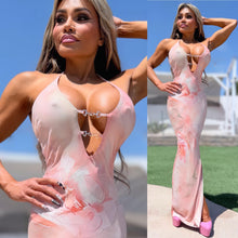 Connie's *LIMITED* "SEDUCTIVE BUCKLE CHEST ACCENT PINK FLORAL TIE DYE MAXI" STRETCH MESH, Adjustable Halter, High Cut Thigh