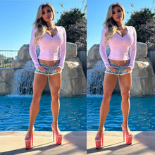 Connie's "SMOOTH PINK CREAM SUGAR V-NECK LONG SLEEVE Top" Double fabric Support & Perfect Fit SPANDEX ... Made in the USA