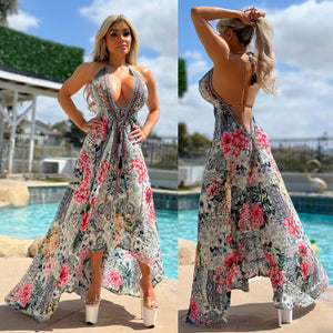 ***LIMITED*** Connie's LUX 🌴 Island BoHo Style, PARIS FLOWER *Silk* High Low Maxi" With Hand Sewn 💎 Crystal Accents ...💯😘