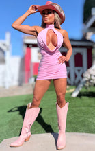 Connie's "PEARL CHAIN BACKLESS COWL PLUNGE Mini" EXTREME CHEST Exposure, PINK SHEEN, Double Fabric ... Made in the USA