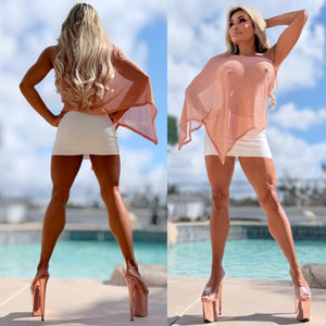 Connie's RICH & SOPHISTICATED🍸 "SEMI SHEER METALLIC ROSE GOLD Top🍸" One Shoulder Asymmetrical, Knit cape top, Made in USA!!!