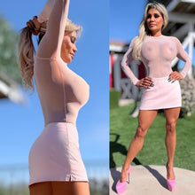 Connie's MADE IN USA ❤️ "SHEER LUXURY BODYSUIT" SOFT PINK SEMI SEE THRU, FULL STRETCH FIT, with a THONG button Snap Bottom Closure