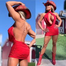 Connie's "PEARL CHAIN BACKLESS COWL PLUNGE Mini" EXTREME CHEST Exposure, RED SHEEN, Double Fabric ... Made in the USA