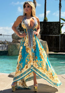 Connie's "Baroque Gold Leaf *Silk* High Low Maxi" RICH BoHo Style, With Hand Sewn Crystal Accents