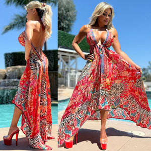 ***LIMITED*** Connie's "RICH RED 🐆 LEOPARD *Silk* High Low Maxi" With Hand Sewn 💎 Crystal Accents ...😘