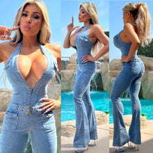 Connie's  EXCLUSIVE "VIXEN Zip Me Up Denim HALTER JUMPSUIT" STRETCH Light wash Denim, ZIP Front, Working Pockets and belt