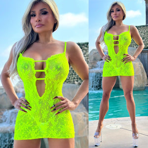 Connie's "TEMPTING NEON YELLOW RUFFLE MESH MINI" Extreme Plunge, Extreme Stretch, Extremely Tempting, See Thru Lingerie Mini Dress