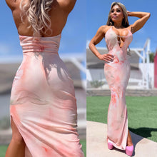 Connie's *LIMITED* "SEDUCTIVE BUCKLE CHEST ACCENT PINK FLORAL TIE DYE MAXI" STRETCH MESH, Adjustable Halter, High Cut Thigh