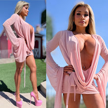 Connie's SUPER SHORT 😈 "RICH & DARING PINK DREAM MESH 🥂🍾  MINI" GIANT COWL Plunge,  Bell Sleeves, Not for the SHY