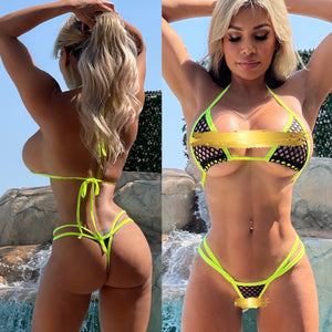 Connie's NOT LEGAL "Sinfully See-Through Fishnet Lingerie Bikini" See through FISHNET and NEON YELLOW Piping, Tie Top, Full Stretch Bottom