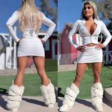 Connie's LIMITED 2 Pc Set "PURE WHITE SNOW ❄️ Sweater Set" STRETCH Crop Top ZIP Hoodie and Fold Over Skirt with Built in Mini Shorts