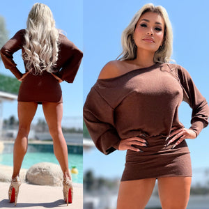 Connie's "CHOCOLATE 🍫 MINI" TIGHT FIT LOWER, One Shoulder Slouch Upper, Full Stretch Light Knit, Adjustable Hem Length Made in USA 🍸