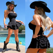 Connie's RICH URBAN COWGIRL 🍸 "BLACK SHEEN SPAGHETTI STRAP Short Short Mini" 4 Layer Ruffle, Built in Booty Shorts, Made in The USA